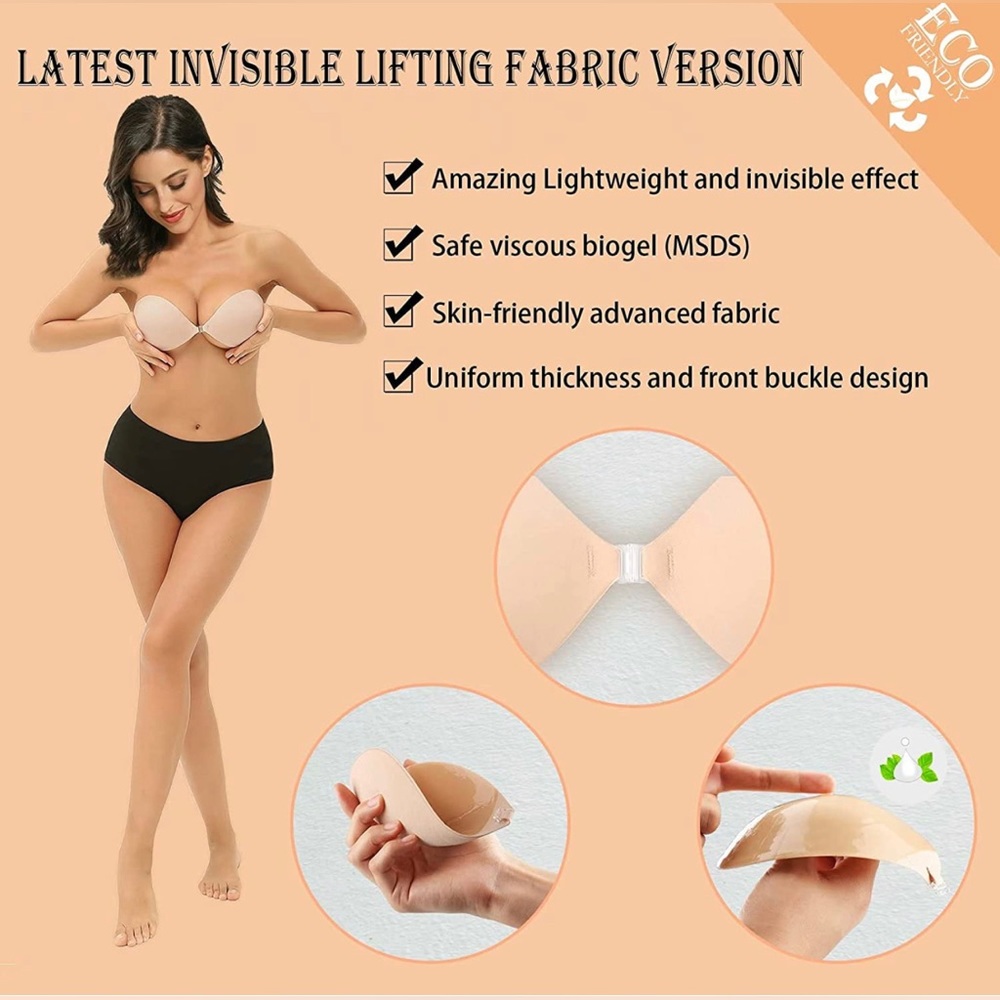 NIB Adhesive Bra, Sticky Strapless Fabric Bra Invisible with Nipple Covers Nude - Picture 3 of 5